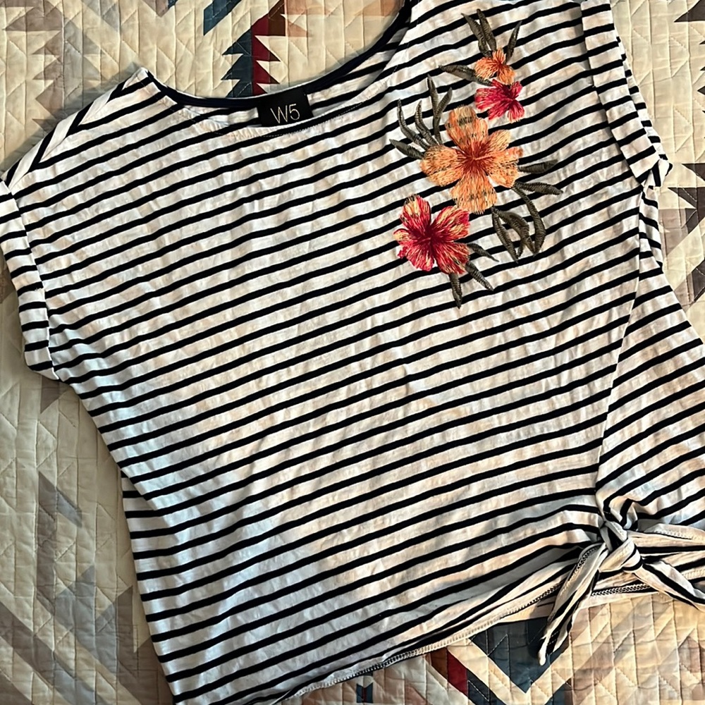 Striped Tie-Front Tee with Floral Embroidery